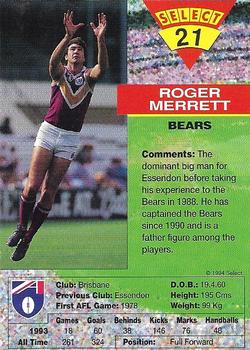 1994 Select AFL #21 Roger Merrett Back
